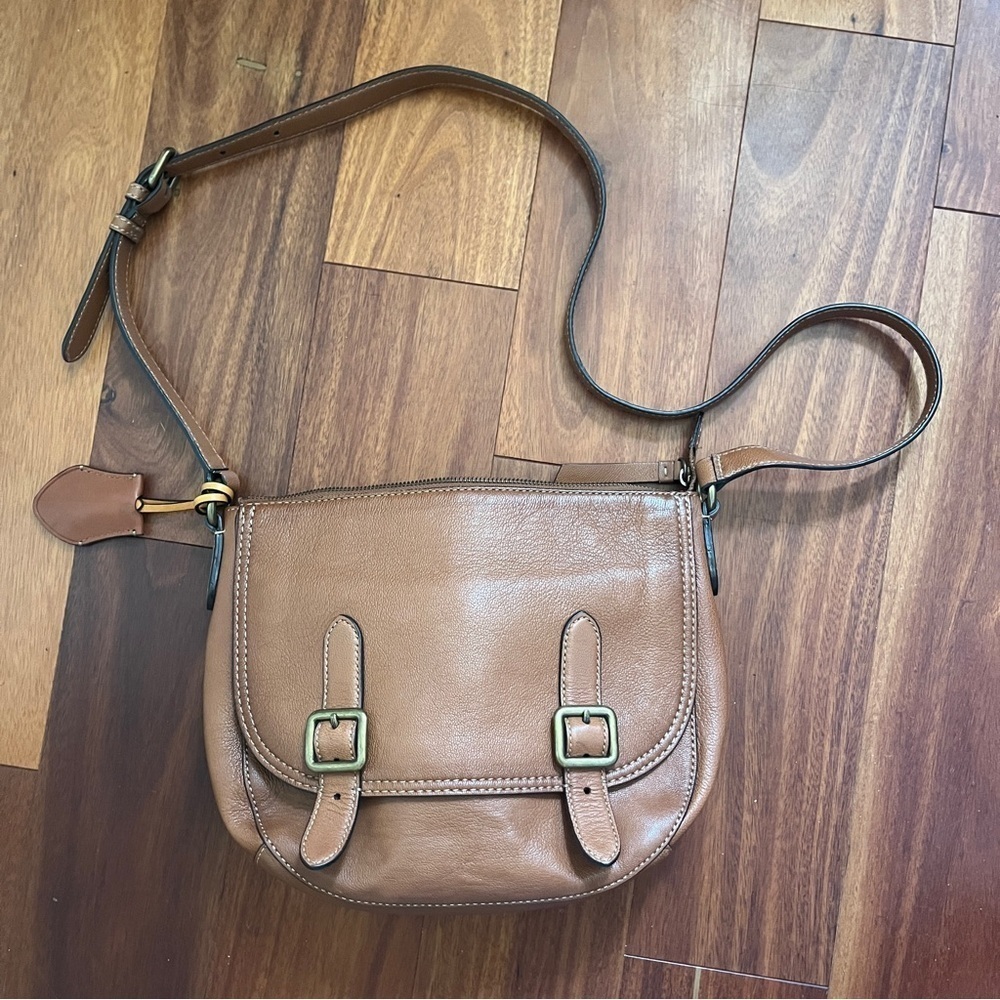 Frye Claude Brown Leather Curved Saddle Double Buckle Crossbody Handbag